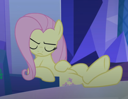 Size: 686x531 | Tagged: safe, screencap, fluttershy, g4, my little pony: friendship is magic, to where and back again, cropped, disguise, disguised changeling, eyes closed, hooves on the table, sitting, solo