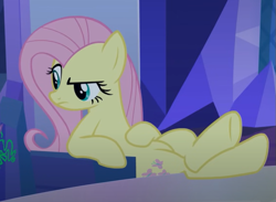 Size: 699x513 | Tagged: safe, screencap, fluttershy, g4, my little pony: friendship is magic, to where and back again, cropped, disguise, disguised changeling, hooves on the table, looking at someone, sitting, solo, unamused