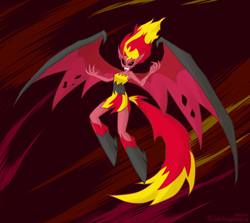 Size: 2000x1780 | Tagged: safe, artist:siemensohm, sunset shimmer, human, equestria girls, g4, fangs, female, flying, looking at you, solo, sunset satan