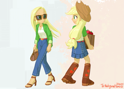 Size: 953x691 | Tagged: safe, artist:siemensohm, applejack, human, equestria girls, g4, apple, box, clothes, duo, duo female, ear piercing, earring, female, food, high heels, jacket, jewelry, looking at each other, looking at someone, necklace, piercing, purse, self paradox, shoes, signature, sunglasses