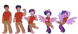 Size: 1400x607 | Tagged: safe, artist:chub-wub, twilight sparkle, oc, oc:acesential, alicorn, human, pony, g4, clothes, excited, flying, human to pony, pants, polo shirt, shirt, simple background, transformation, transformation sequence, twilight sparkle (alicorn), white background