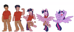 Size: 1400x607 | Tagged: safe, alternate version, artist:chub-wub, twilight sparkle, oc, oc:acesential, alicorn, human, pony, g4, disappearing clothes, excited, flying, human to pony, simple background, transformation, transformation sequence, twilight sparkle (alicorn), white background