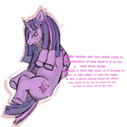 Size: 1000x1000 | Tagged: safe, artist:pathoparty, twilight sparkle, alicorn, pony, g4, anatomically incorrect, crying, english, female, incorrect leg anatomy, mare, solo, text, twilight sparkle (alicorn)