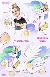 Size: 2157x3300 | Tagged: safe, artist:axiomtf, artist:redflare500, princess celestia, alicorn, human, pony, g4, blushing, clothes, crown, dialogue, grin, hair growth, high res, human to pony, jewelry, looking at you, lying down, male to female, mental shift, regalia, rule 63, shirt, smiling, solo, spread wings, stubble, t-shirt, traditional art, transformation, transformation sequence, transgender transformation, underhoof, wings