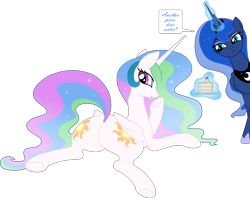 Size: 4119x3266 | Tagged: safe, artist:axiomtf, artist:redpaladin, edit, princess celestia, princess luna, alicorn, pony, g4, both cutie marks, butt, cake, cakelestia, duo, duo female, female, food, high res, levitation, looking back, lying down, magic, magic aura, mare, plate, plot, prone, royal sisters, siblings, simple background, sisters, smug, speech bubble, sunbutt, telekinesis, transparent background