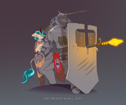 Size: 3000x2500 | Tagged: safe, artist:chapaevv, oc, oc only, oc:iron aegis, oc:teal pyre, anthro, plantigrade anthro, ammunition, armor, chains, cross, duo, gun, helmet, knight, medic, muzzle flash, patreon, patreon reward, shield, shooting, the brass wall duo, weapon