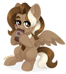 Size: 846x944 | Tagged: oc name needed, safe, artist:kabuvee, oc, oc only, pegasus, pony, clothes, coffee mug, eyelashes, mug, necktie, requested art, simple background, solo, spread wings, transparent background, watermark, wings