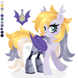 Size: 828x828 | Tagged: safe, artist:kabuvee, oc, oc only, oc:shimmer fuse, bat pony, pony, bat pony oc, commission, cutie mark, eyelashes, fangs, female, female oc, floppy ears, mare, mare oc, pony oc, prosthetics, reference sheet, simple background, slit pupils, smiling, solo, transparent background, watermark