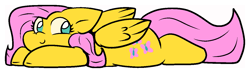 Size: 1277x372 | Tagged: safe, artist:zutcha, fluttershy, pegasus, pony, g4, female, flat fluttershy friday, flat fuck friday, lying down, mare, prone, side view, simple background, smiling, solo, white background