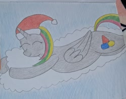 Size: 1977x1564 | Tagged: safe, artist:princess ice color twinkle, oc, oc only, oc:ice color twinkle, alicorn, pony, christmas, cloud, female, folded wings, hat, holiday, lying down, lying on a cloud, mare, on a cloud, outdoors, santa hat, sky, sleeping, solo, wings