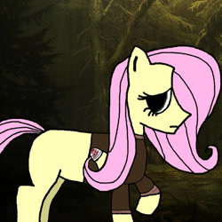 Size: 700x700 | Tagged: safe, fluttershy, pegasus, pony, my little worms, g4, bandage, blood, clothes, female, mare, outdoors, sad, solo