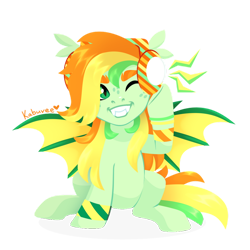 Size: 894x894 | Tagged: oc name needed, safe, artist:kabuvee, oc, oc only, bat pony, bat pony oc, fangs, female, headphones, looking at you, mare, requested art, simple background, smiling, smiling at you, solo, spread wings, transparent background, watermark, wings