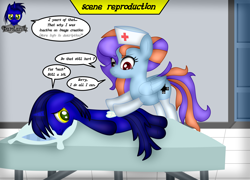 Size: 5760x4154 | Tagged: safe, artist:damlanil, oc, oc:damlanil, oc:nurse wishing star, pegasus, pony, unicorn, bandage, bed, bun, clothes, comic, damlanil's lab, duo, female, gloves, hair bun, hat, horn, indoors, laboratory, latex, latex gloves, latex socks, male, mare, nurse hat, pillow, show accurate, socks, speech bubble, stallion, text, vector, wings