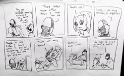 Size: 2048x1250 | Tagged: safe, artist:pony quarantine, oc, oc:dyx, oc:ponyquarantine, alicorn, human, pony, black and white, comic, dialogue, duo, duo male and female, female, filly, foal, grayscale, human male, male, monochrome, pencil drawing, traditional art