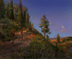 Size: 2080x1708 | Tagged: safe, artist:malinetourmaline, oc, oc only, earth pony, pony, commission, duo, earth pony oc, evening, moon, outdoors, scenery, sky, stars, trail, tree