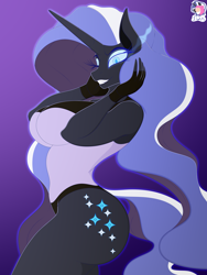 Size: 6000x8000 | Tagged: safe, artist:skyspeardraw, nightmare rarity, unicorn, anthro, g4, absurd resolution, big breasts, breasts, clothes, female, gloves, gradient background, grin, horn, human to anthro, leotard, looking at you, post-transformation, smiling, solo, transformation