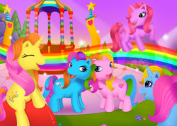 Size: 1058x756 | Tagged: safe, artist:leonkay, brights brightly, cheerilee (g3), rainbow dash (g3), rarity (g3), whistle wishes, earth pony, pony, unicorn, g3, greetings from unicornia, adorabrights, ball, cute, flower, g3 cheeribetes, g3 dashabetes, g3 raribetes, g3 whistlebetes, gazebo, horn, outdoors, scene interpretation, wish you were here (song)