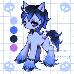 Size: 1200x1200 | Tagged: safe, artist:krol2501, oc, oc only, oc:blueberry mist, pony, unicorn, abstract background, adoptable, bowtie, ear piercing, earring, eyebrow piercing, female, horn, jewelry, lip piercing, mare, necklace, piercing, reference sheet, spiked wristband, unshorn fetlocks, watermark, wristband