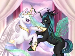 Size: 1500x1135 | Tagged: safe, artist:prclnbunny, princess celestia, queen chrysalis, alicorn, changeling, changeling queen, pony, g4, angry, bared teeth, crown, curtains, duo, duo female, fangs, female, fight, green eyes, green mane, hoof shoes, jewelry, mare, multicolored mane, multicolored tail, peytral, pink eyes, raised hoof, rearing, regalia, spread wings, tail, wings