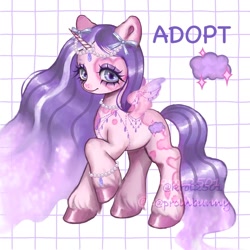 Size: 1200x1200 | Tagged: safe, artist:krol2501, oc, oc only, oc:lavender dust, alicorn, pony, adoptable, alicorn oc, bracelet, female, headdress, horn, jewelry, mare, necklace, reference sheet, smiling, spread wings, unshorn fetlocks, wing jewelry, wings