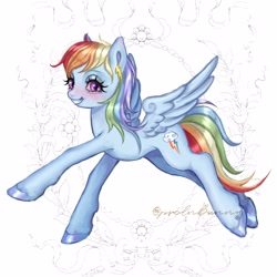 Size: 3500x3500 | Tagged: safe, artist:krol2501, rainbow dash, pegasus, pony, g4, abstract background, blushing, ear piercing, earring, female, jewelry, mare, piercing, smiling, solo, spread wings, wings