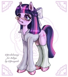 Size: 1138x1280 | Tagged: safe, artist:krol2501, twilight sparkle, pony, unicorn, g4, alternate design, bow, clothes, draw this in your style, female, glasses, hair bow, leg warmers, mare, shirt, solo, unicorn twilight