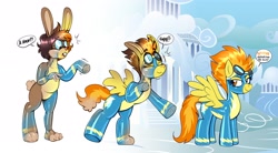 Size: 3124x1720 | Tagged: safe, artist:redflare500, spitfire, pegasus, pony, rabbit, g4, animal, clothes, furry, furry to pony, latex, reality shift, speech bubble, spread wings, transformation, transformation sequence, uniform, wings, wonderbolts uniform