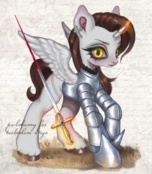 Size: 1121x1280 | Tagged: safe, artist:krol2501, oc, alicorn, pony, alicorn oc, armor, blood, ear piercing, earring, female, horn, jewelry, magic, mare, piercing, rapier, spread wings, sword, telekinesis, unshorn fetlocks, weapon, wings