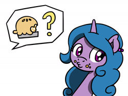 Size: 1800x1350 | Tagged: safe, artist:flutterluv, izzy moonbow, pony, unicorn, g5, caught, crumbs, food, horn, pie, ponified animal photo, question mark, simple background, solo, speech bubble, white background