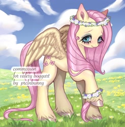 Size: 2014x2048 | Tagged: safe, artist:prclnbunny, fluttershy, pegasus, pony, g4, 3d cutie mark, cloud, female, field, floral bracelet, floral head wreath, flower, mare, outdoors, solo, spread wings, unshorn fetlocks, wings