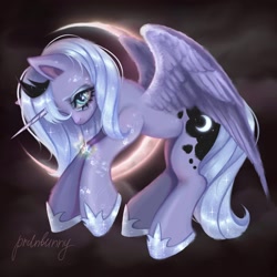 Size: 2048x2048 | Tagged: safe, artist:prclnbunny, princess luna, alicorn, pony, g4, crescent moon, crying, female, flying, hoof shoes, jewelry, mare, moon, regalia, solo, spread wings, teardrop, wings