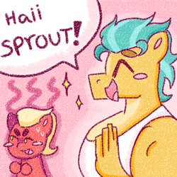 Size: 1280x1280 | Tagged: safe, artist:cozyinbutters, hitch trailblazer, sprout cloverleaf, earth pony, anthro, g5, blushing, duo, duo male, eyes closed, gay, male, ship:clovertrail, shipping, smiling, speech bubble, stupid sexy hitch trailblazer, tsundere, yellow coat