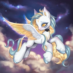 Size: 1440x1440 | Tagged: safe, artist:prclnbunny, oc, oc only, oc:blueberry lemonzest, pegasus, pony, choker, cloud, colored wings, colored wingtips, crying, female, flying, mare, multiple eyes, outdoors, solo, spread wings, unshorn fetlocks, wings