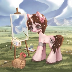 Size: 1300x1300 | Tagged: safe, artist:prclnbunny, oc, oc only, bird, chicken, pony, unicorn, bandage, bow, draw this in your style, easel, female, flower, flower in hair, flower in tail, hair bow, horn, looking at each other, looking at someone, magic, mare, mouth hold, outdoors, paintbrush, painting, palette, scenery, solo, tail, telekinesis, unshorn fetlocks