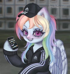 Size: 1440x1531 | Tagged: safe, artist:prclnbunny, rainbow dash, pegasus, pony, g4, adidas, baseball cap, cap, female, hat, iphone, looking at you, mare, smartphone, smiling, solo, tracksuit, tri poloski, wings