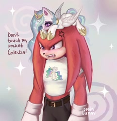 Size: 1440x1491 | Tagged: safe, artist:prclnbunny, princess celestia, alicorn, echidna, mobian, pony, anthro, g4, annoyed, clothes, cross-popping veins, duo, emanata, female, gloves, hoof shoes, jewelry, john cena, knuckles the echidna, male, mare, on head, pants, peytral, regalia, short shirt, sonic the hedgehog (film), sonic the hedgehog (series)