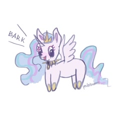 Size: 1440x1491 | Tagged: safe, artist:prclnbunny, princess celestia, alicorn, pony, g4, barking, behaving like a dog, collar, female, hoof shoes, jewelry, mare, regalia, simple background, solo, spiked collar, spread wings, white background, wings