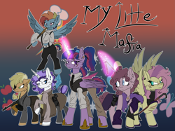 Size: 4473x3352 | Tagged: safe, artist:bryonythewolf, applejack, fluttershy, pinkie pie, rainbow dash, rarity, twilight sparkle, alicorn, earth pony, pegasus, pony, unicorn, g4, alternate universe, baseball bat, butterfly knife, clothes, corrupted, crowbar, eyepatch, female, glasses, gradient background, gun, handgun, high res, hoof shoes, horn, jewelry, knife, mafia, mane six, mare, older, older twilight, outline, pistol, scar, tommy gun, twilight sparkle (alicorn), wings