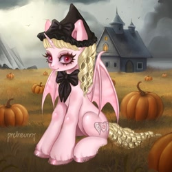 Size: 1440x1440 | Tagged: safe, artist:prclnbunny, oc, oc only, oc:porcelain heart, alicorn, bat pony, bat pony alicorn, pony, undead, vampire, vampony, bat wings, bowtie, claws, drill hair, female, hat, horn, house, mare, outdoors, pumpkin, sitting, solo, wing claws, wings