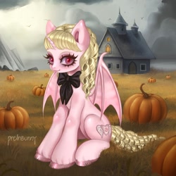 Size: 1440x1440 | Tagged: safe, alternate version, artist:prclnbunny, oc, oc only, oc:porcelain heart, alicorn, bat pony, bat pony alicorn, pony, undead, vampire, vampony, bat wings, bowtie, claws, drill hair, female, horn, house, mare, outdoors, pumpkin, sitting, solo, wing claws, wings