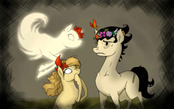 Size: 2000x1257 | Tagged: safe, artist:lazyeva, butterfly, earth pony, ghost, pony, undead, abigail (don't starve), don't starve, female, floral head wreath, flower, flower in hair, male, mare, ponified, stallion, trio, wendy (don't starve), wilson (don't starve)