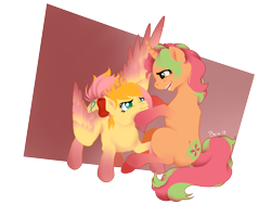 Size: 3000x2250 | Tagged: safe, artist:lazyeva, oc, oc only, pegasus, pony, unicorn, abstract background, annoyed, bow, colored wings, colored wingtips, curved horn, duo, female, hair bow, horn, mare, siblings, sisters, wings