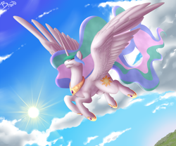 Size: 2000x1666 | Tagged: safe, artist:lazyeva, princess celestia, alicorn, pony, g4, cloud, eyes closed, female, flying, mare, solo