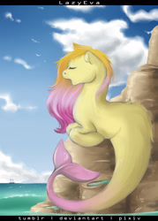 Size: 1500x2100 | Tagged: safe, artist:lazyeva, oc, oc only, merpony, pony, boat, eyes closed, female, mare, ocean, outdoors, rock, singing, solo, water