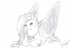 Size: 2500x1700 | Tagged: safe, artist:lazyeva, fluttershy, pegasus, pony, g4, armband, black and white, celtic, chubby, circlet, female, grayscale, irish, jewelry, lying down, mare, monochrome, necklace, prone, simple background, smiling, solo, white background, wings