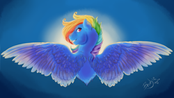 Size: 3840x2160 | Tagged: safe, artist:lazyeva, rainbow dash, pony, g4, female, grin, looking back, rear view, signature, smiling, solo, spread wings, wings