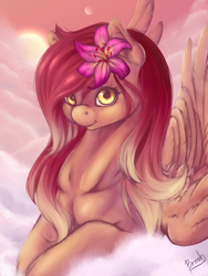 Size: 3000x4000 | Tagged: safe, artist:lazyeva, oc, oc only, oc:honolulu sunset, pegasus, pony, cloud, flower, flower in hair, lying down, prone, solo