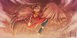 Size: 2000x1000 | Tagged: safe, artist:lazyeva, pegasus, pony, arrow, clothes, flying, jewelry, kyle broflovski, male, ponified, regalia, solo, south park, south park: the stick of truth, spread wings, stallion, wings