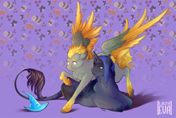 Size: 1500x1000 | Tagged: safe, artist:lazyeva, guinea pig, pegasus, pony, unicorn, cap, chest fluff, craig tucker, duo, hat, horn, leonine tail, lying down, ponified, prone, scared, south park, spread wings, tail, tweek tweak, wings, wizard hat