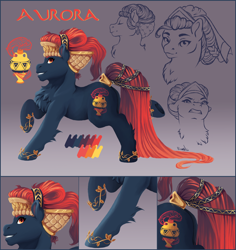 Size: 3030x3210 | Tagged: safe, artist:lazyeva, oc, oc only, oc:red aurora, earth pony, pony, chest fluff, fetlock tuft, headdress, reference sheet, smiling, solo